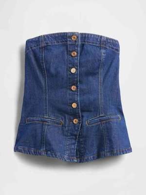 Strapless blue denim corset top with front wooden buttons and two horizontal slit pockets near the hem.