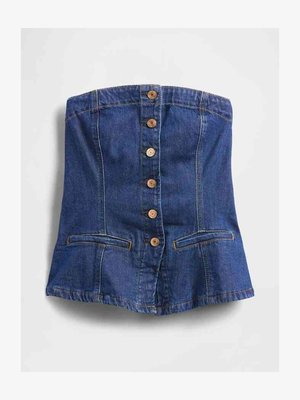 Strapless blauwe denim korsettop met houten knopen aan de voorkant en twee horizontale steekzakken nabij de zoom.