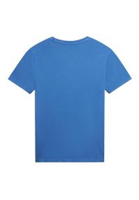 T-shirt a maniche corte in cotone blu medio uniforme. Collo a girocollo con texture liscia e orlo dritto, con dettagli di cucitura minimi.