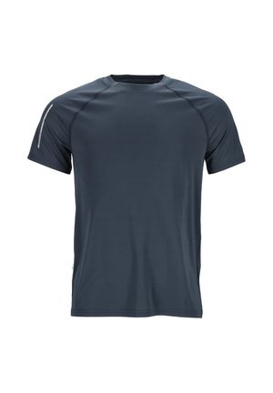 Mørkegrå atletisk t-shirt lavet af letvægts, åndbart stof. Har korte ærmer, rund halsudskæring og subtile teksturdetaljer.