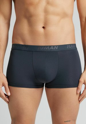 Dunkelgraue Herren-Bokser-Shorts mit einem enganliegenden Design, gefertigt aus glattem Stoff und mit einem Logo-Bund um die Taille.