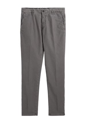 Graue Hose mit geradem Bein, Gürtelschlaufen, Frontknopf, Reißverschluss und seitlichen Taschen auf weißem Hintergrund.