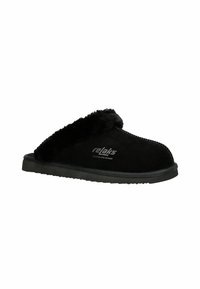 Czarne klapki wykonane z zamszu z miękkim, puszystym wyściółką. Posiadają zaokrąglony czubek, płaską podeszwę i oznaczenie "relaks Australian merino" na boku.