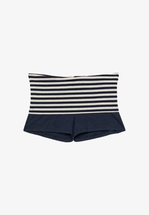Marineblaue Shorts mit einem breiten Bund mit horizontalen weißen und marineblauen Streifen.