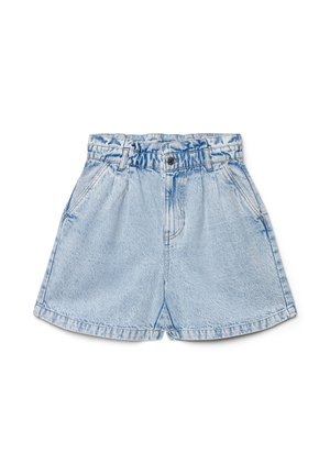 Shorts di jeans a vita alta di colore azzurro chiaro con fascia in vita arricciata, chiusura frontale con bottoni, passanti per cintura, tasche laterali e ampie aperture alle gambe.