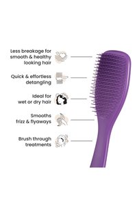 Brosse à cheveux violette avec avantages listés : moins de casse, démêlage rapide, pour cheveux mouillés/secs, lisse les frisottis, et efficace avec les traitements.
