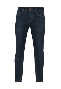 Mørkeblå skinny jeans laget av denim, med knappelukking, fem lommer og kontrasterende sømmer. Glatt tekstur med en lett glans.