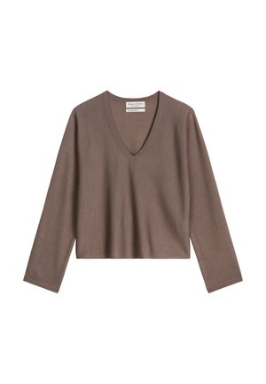 Brązowy sweter na długi rękaw z dekoltem w serek o krótkim kroju, przedstawiony na płasko z metką "Marc O’Polo Responsible Merino".