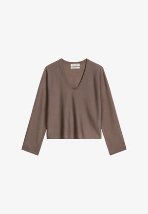 Brązowy sweter na długi rękaw z dekoltem w serek o krótkim kroju, przedstawiony na płasko z metką "Marc O’Polo Responsible Merino".