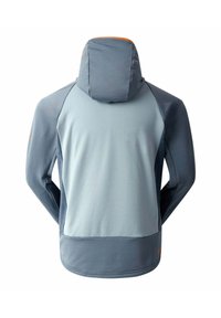 Helltürkiser Hoodie mit strukturierter Oberfläche, versehen mit einer Vordernaht, einer anliegenden Kapuze und kontrastierenden dunkelblauen Akzenten an den Ärmeln und dem Saum.