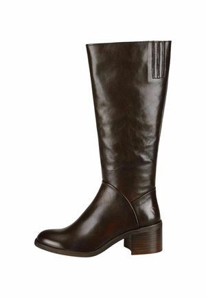 Stivale in pelle marrone al ginocchio con finitura liscia, tacco a blocco e cuciture verticali decorative vicino alla parte superiore. Presenta una punta arrotondata.