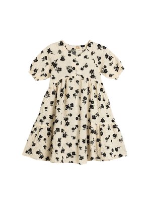 Robe florale beige avec motif de fleurs noires, manches courtes bouffantes, fermeture à boutons et jupe froncée avec poches. Matière en coton.