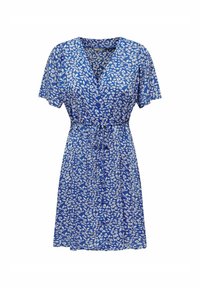 Sukienka w kwiatowy wzór w kolorze niebieskim, z krótkimi rękawami, dekoltem w kształcie litery V i ściągniętą w talii. Posiada białe wzory liści i kwiatów na całej powierzchni.