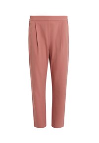 Pantalon taille haute, jambes droites, rose poudré avec des plis subtils à l’avant et une ceinture cintrée, sans attaches ni poches visibles.