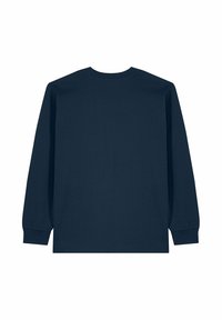 T-shirt à manches longues en coton bleu marine foncé, avec un col rond, un ourlet droit et des manches longues ajustées sans aucun motif ni ornement.