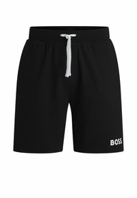 Shorts neri in tessuto morbido con vita elastica e coulisse bianca. Presentano un logo "BOSS" bianco sul lato sinistro in basso.