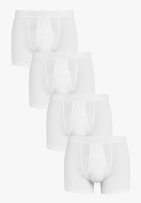 Boxeri albi, țesătură de bumbac, brâu elastic cu logo-ul „next”, design ajustat, patru perechi identice afișate într-o aranjare în straturi.