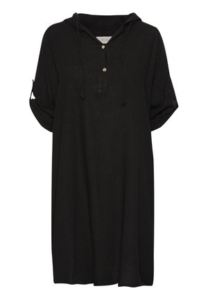 Schwarzes Kapuzenkleid aus leichtem Stoff. Verfügt über eine knöpfbare Blende, aufgerollte Ärmel und einen Kordelzug an der Kapuze. Einfaches Design.