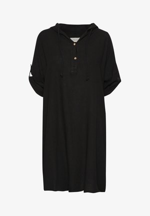 Czarna sukienka z kapturem wykonana z lekkiego materiału. Posiada zapięcie na guziki, podwinięte rękawy oraz sznurek w kapturze. Prosty design.