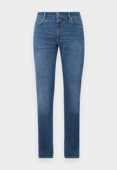 Straight fit blue denim jeans with front button, zipper closure, and five pockets, displayed on a white background.