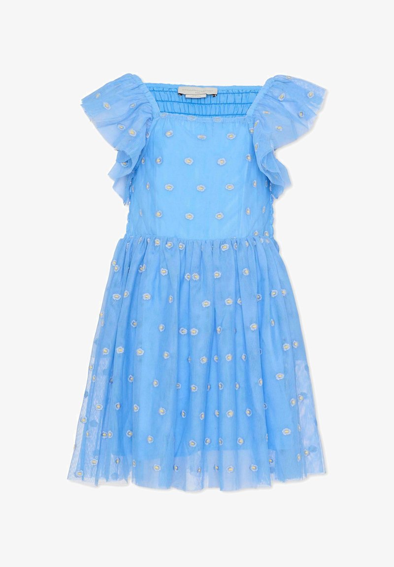 Lichtblauwe jurk met korte, gerimpelde mouwen, geborduurd met kleine witte bloemen. Uitlopende rok gemaakt van doorschijnende, lichte stof.