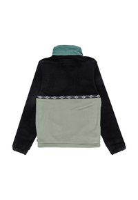 Fleece mikina s vysokým golierom, čierne kordové rukávy, svetlozelené telo a dekoratívny vzorovaný pás na hornej časti chrbta.