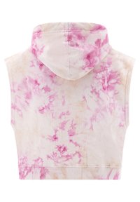 Kraťoučá bezrukávová mikina z jemné látky s růžovým a béžovým tie-dye vzorem, s kapucí a žebrovaným lemem na spodním okraji.
