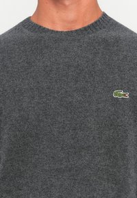 Grå stickad tröja med rundad halsringning, med en liten broderad grön krokodil-logotyp på vänster bröst. Mjuk textur.