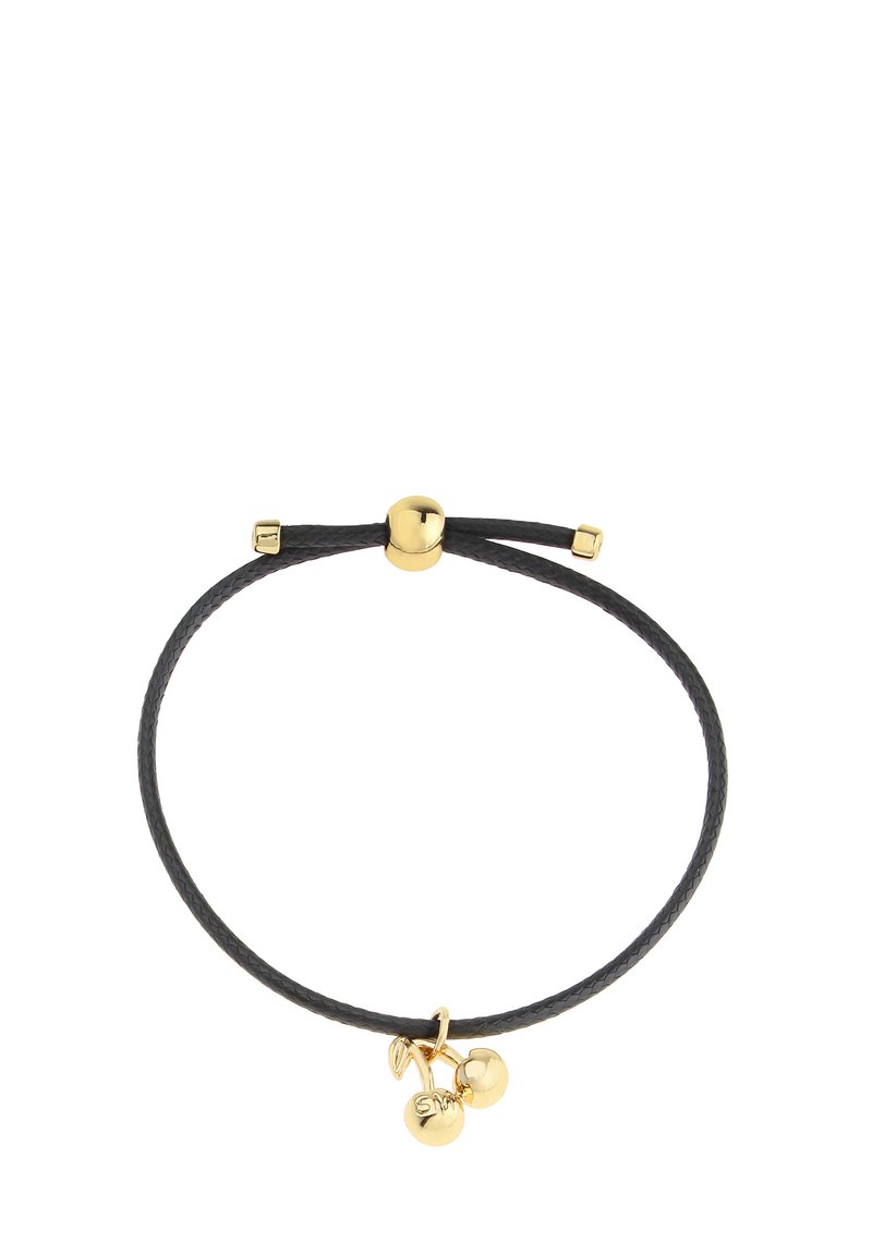 Black braided cord bracelet with a gold metal charm featuring two small rounded bells. Adjustable sliding closure with gold accents.