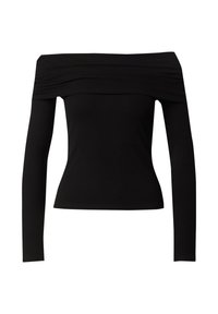 Schwarzes schulterfreies Top mit langen Ärmeln, gerippter Textur, tailliertem Design und Raffung am Kragen. Glatte Stoffoberfläche.