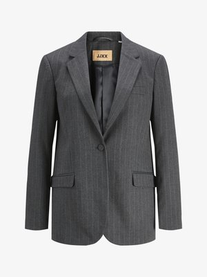 Blazer gris a rayas con solapas de muesca, dos bolsillos frontales y cierre de un solo botón. El material tiene una textura suave y un corte entallado.