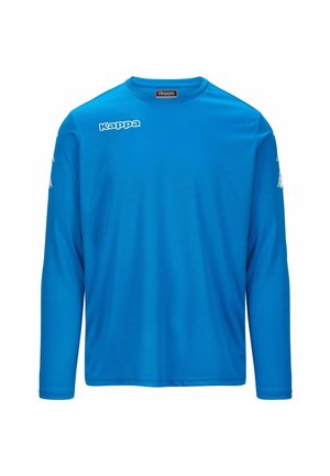 Camicia a maniche lunghe di un blu brillante, realizzata in tessuto morbido. Presenta un collo a giro e il logo Kappa sul petto e sulle maniche. Texture liscia.