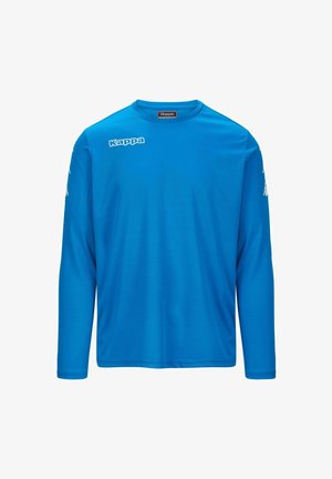 Camicia a maniche lunghe di un blu brillante, realizzata in tessuto morbido. Presenta un collo a giro e il logo Kappa sul petto e sulle maniche. Texture liscia.