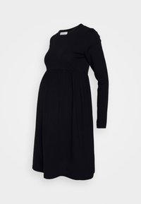 Czarna, długo rękawowa sukienka ciążowa z miękkiego materiału, z okrągłym dekoltem i marszczonym pasem, zaprojektowana z myślą o komforcie i swobodzie.