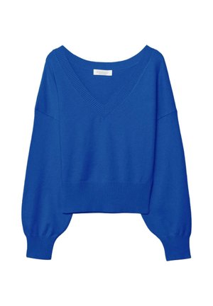 Blauer, kurz geschnittener Pullover aus weichem Stoff. Mit weitem V-Ausschnitt, langen Ärmeln und geripptem Saum mit breiten Bündchen.