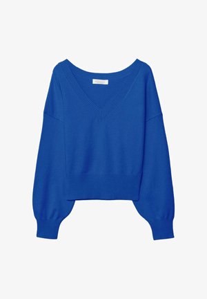 Modra kratka majica iz mehkega blaga. Ima širok V-izrez, dolge rokave in rebrast rob z širokimi manšetami.