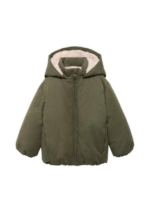 Veste d’hiver à capuche vert olive avec fermeture éclair à l’avant et doublure douce beige en polaire à l’intérieur de la capuche et du col.