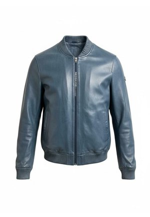 Veste bomber en cuir bleu pour homme avec col, poignets et ourlet côtelés, fermeture éclair devant et poches latérales.
