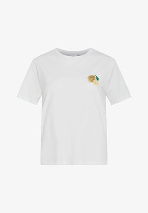 T-shirt blanc à manches courtes avec petit motif brodé d'une tranche de citron, d'une feuille verte et d'un demi-cercle brun sur la poitrine gauche.