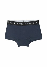 Boxeri negri închis, dintr-un material elastic, având un tiv elastic negru cu detalii din litere albe. Design simplu, fără modele.