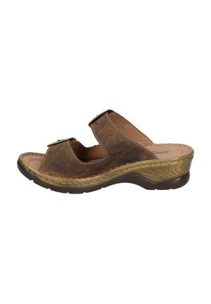 Brown leather slide sandal with two adjustable straps, textured outsole, cushioned footbed, and a low wedge heel with golden accent.