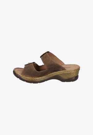 Brown leather slide sandal with two adjustable straps, textured outsole, cushioned footbed, and a low wedge heel with golden accent.