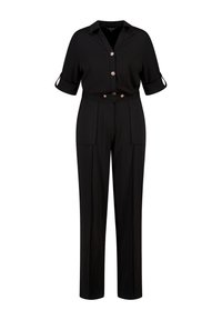 Zwart jumpsuit met korte mouwen, knoopsluiting aan de voorkant, hoge taille, zijzakken en knopen in goudlook op de manchet en de riem.