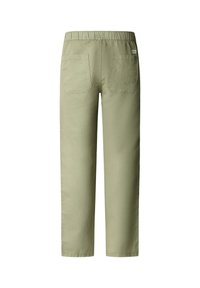 Pantalones verde claro con cintura elástica, dos bolsillos traseros y un diseño de corte recto. Hechos de tela suave y texturizada.