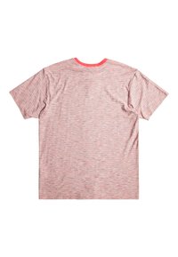 Striped t-shirt in shades of pink with thin horizontal lines. Short sleeves, crew neck, and textured fabric. Back view shown.