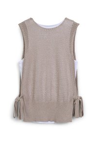 Top senza maniche in maglia beige con design a rete, strato interno bianco solido, con laccetti laterali e orlo a coste.