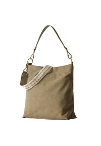 Torebka w kolorze tan ze zamszowej skóry, z teksturowanym białym paskiem. Wyposażona w złote okucia oraz mały skórzany tag z ćwiekami. Prosty, prostokątny kształt.