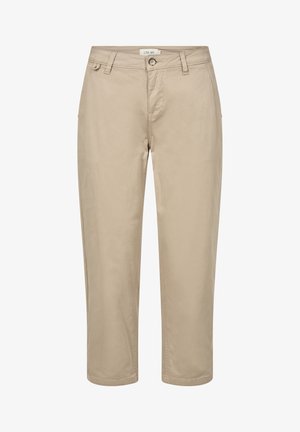 Bežiniai medvilniniai chinosai su tiesiu kojų dizainu, turintys mygtuko užsegimą, dvi priekinės kišenės ir minimalistinės siuvimo detalės.