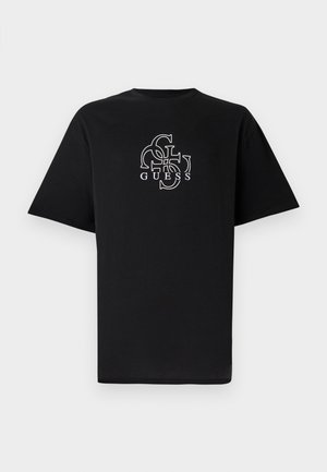 Svart bomulls t-skjorte med kort erme, med et fremtredende hvitt grafisk logo-design i midten. Standard rund hals.