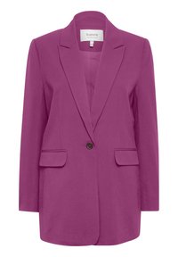 Fuchsia blazer med knapphålskrage, en knappstängning, två framfickor och en slät tygtextur; minimalistisk design.